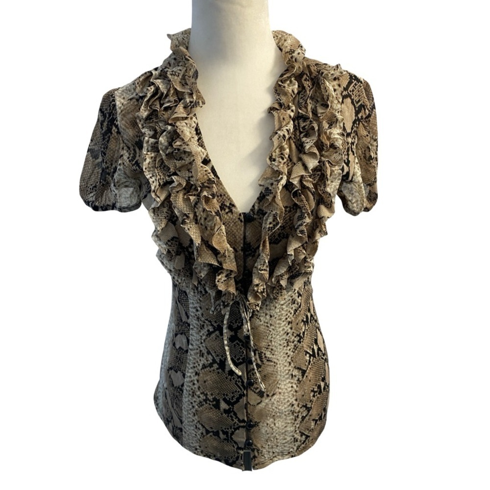 INC International Concepts Snake Print Ruffled Blouse Size Small Brown Feminine